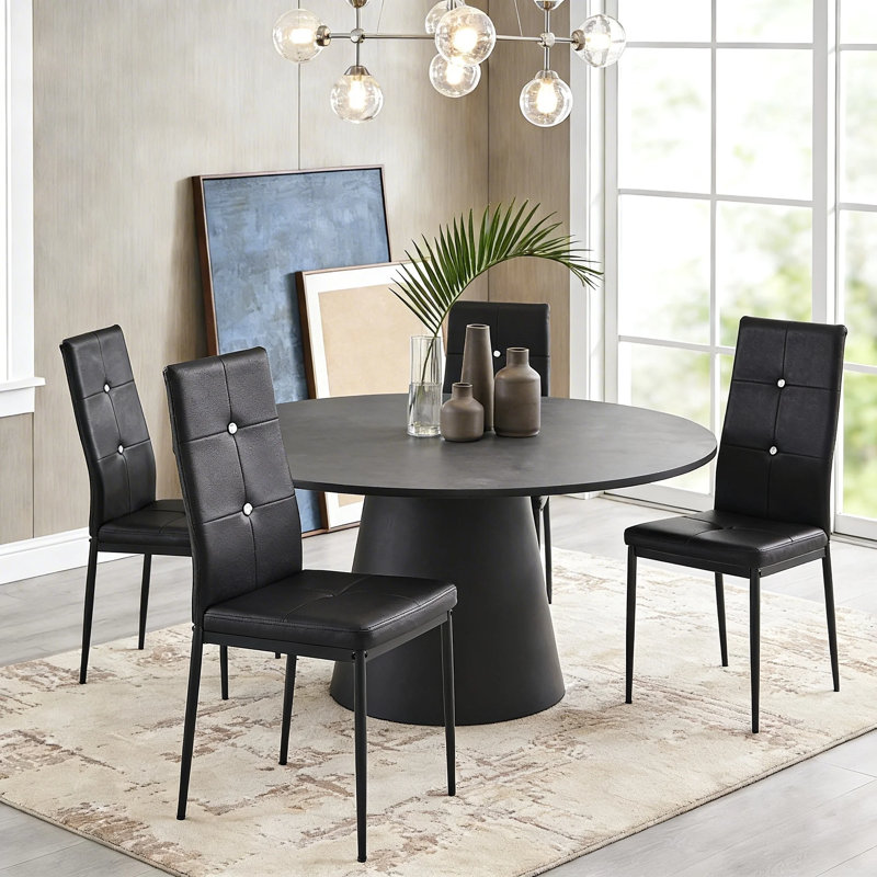 Black Faux Leather High-Back Side Chairs, Dining Chairs With Black Metal Legs , 4