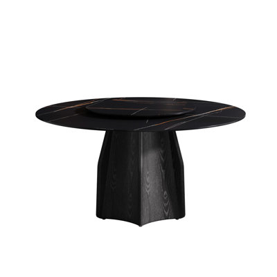 Round Black Dining Table, 59.34" With Sintered Stone Top & Oak Base, 6-8 People, 31.5" Turntable, High Resistance To Modern Occupants, Rotatable Disk, Flame Retardant