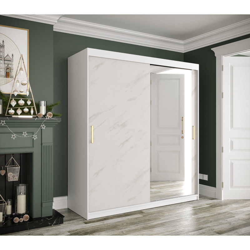 Amandajean Manufactured Wood Wardrobe, 200cm H x 180cm W x 62cm D, White Matt/White Matble