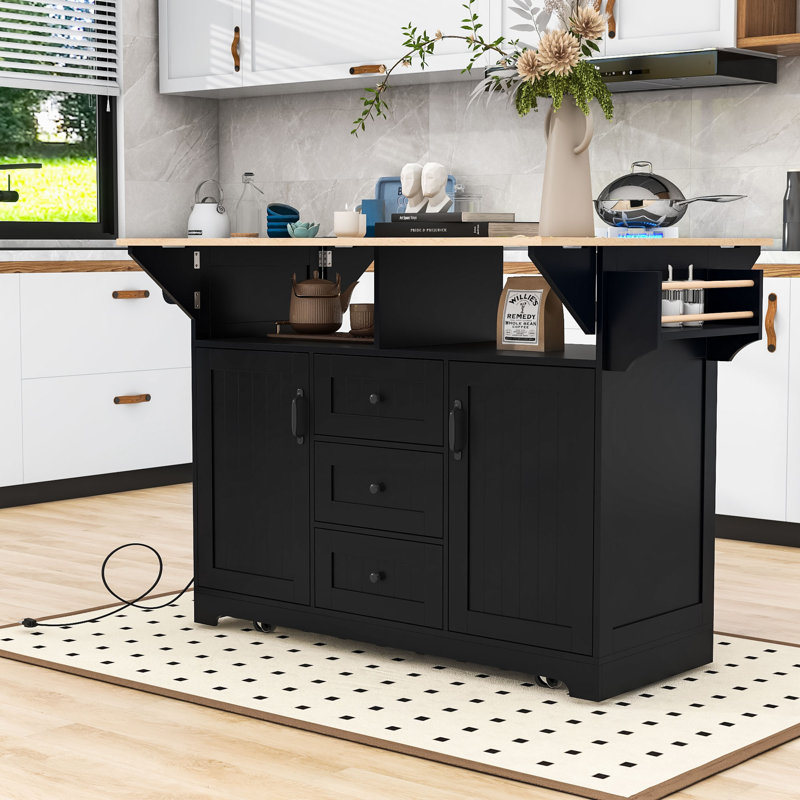 Large Folding Storage Kitchen Island with Power Outlet and Drawers, Black