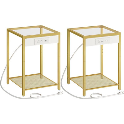 Ensemble de 2 tables de bout avec port de charge USB - plateau en verre trempé avec cadre en métal doré moderne - tables de chevet pour le bureau, la chambre à coucher ou le salon, idéal pour les petits espaces