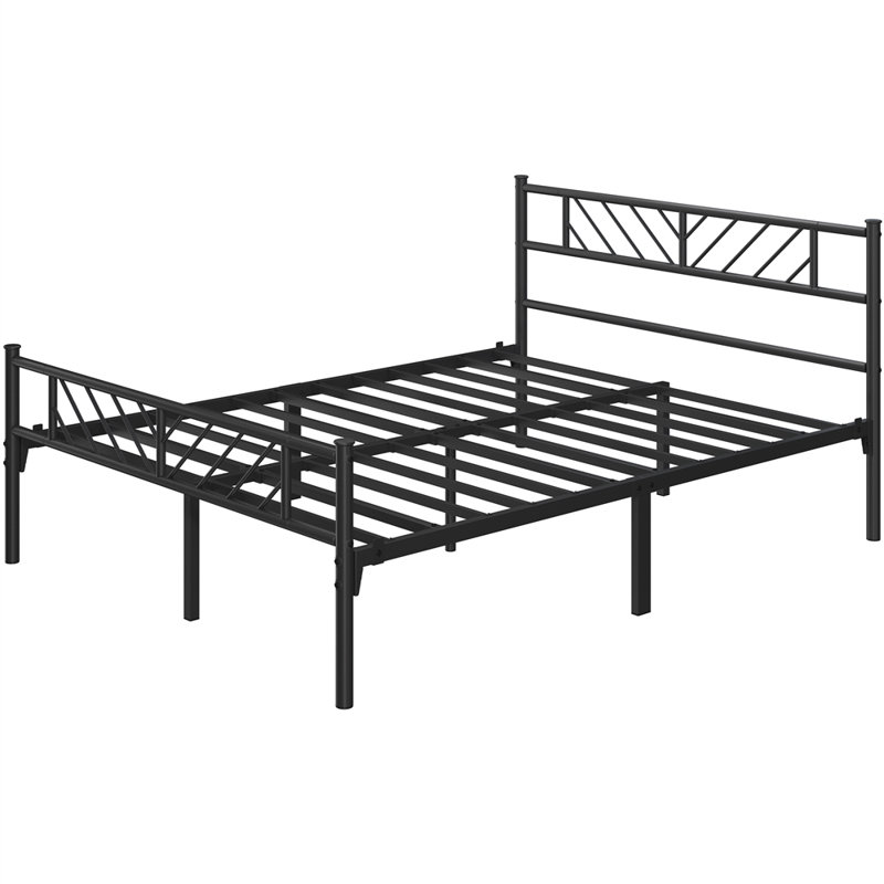 Minimalist Metal Slatted Bed Platform with Arrow Design Headboard, Kingsize (5'), Black