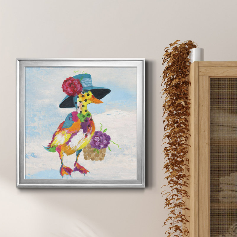 Groovy Duck and Sky - peinture sur toile encadrée, H 34,5 po x l 34,5 po x P 1,5 po, Encadrement argenté