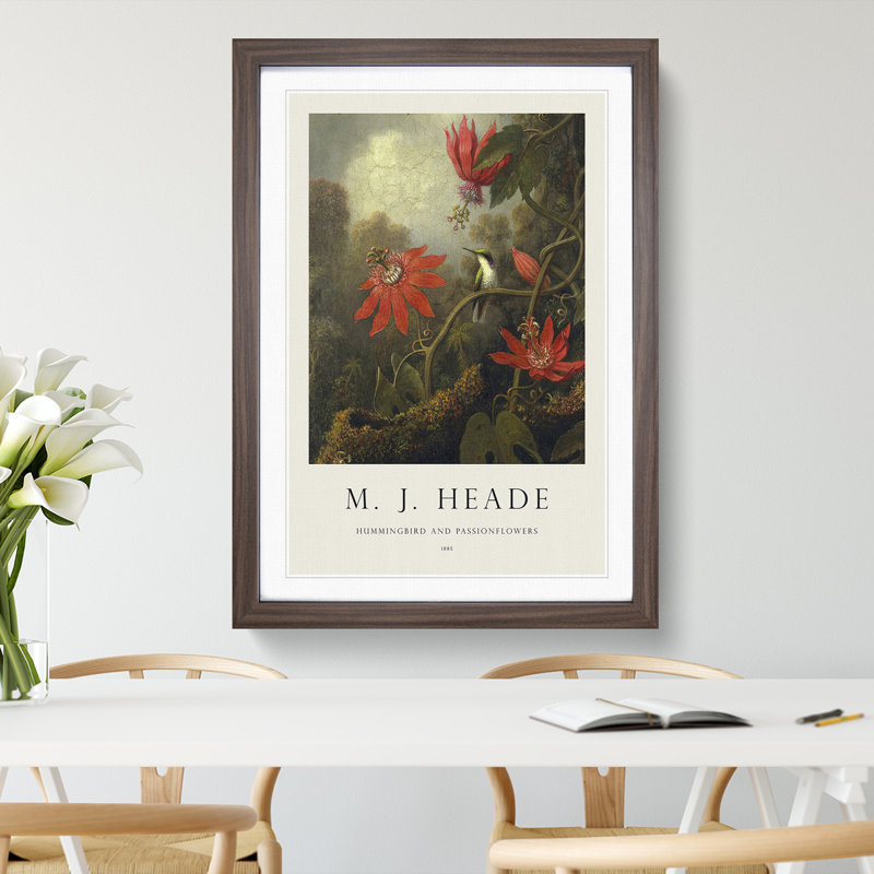 Hummingbird and Flowers by Martin Johnson Heade - Picture Frame Painting, Walnut Framed, 48cm H x 36cm W x 2cm D