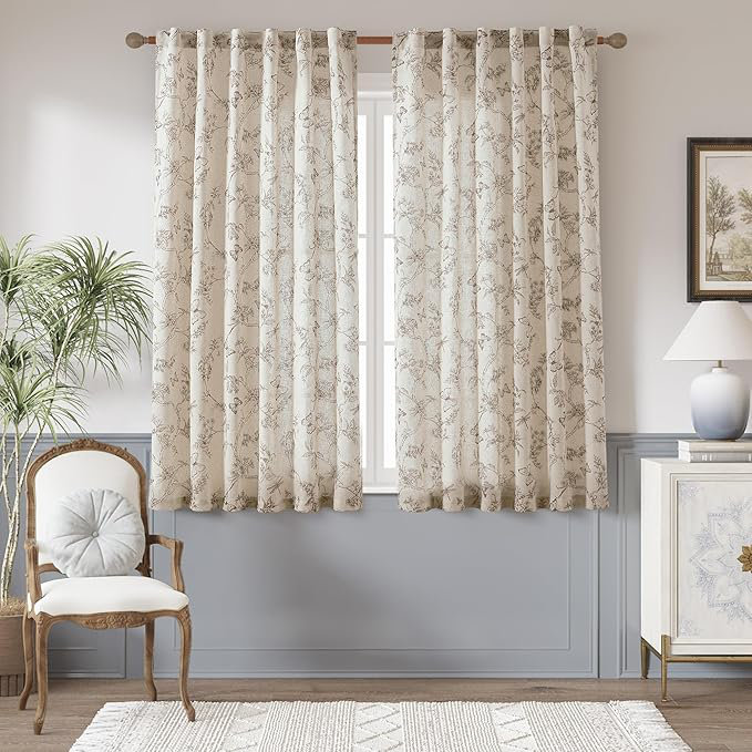 Paire de rideaux en lin mélangés à motif floral pour salon, Taupe, L 50 po x L 63 po