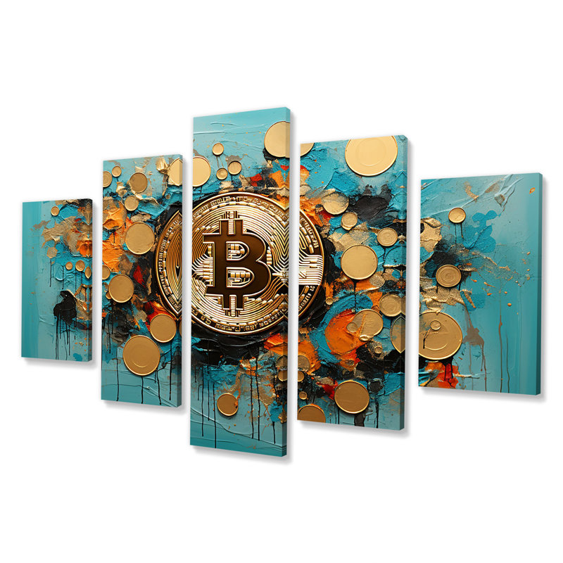  «Gold and Blue Crypto Bitcoin Collage - Fashion Bitcoin Multipanel Wall Art Decor Set