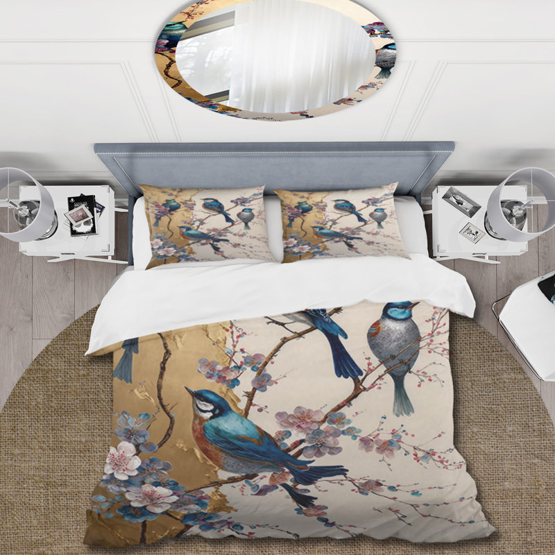 Ensemble de housse de couette multicolore en microfibre / polyester Birds On Plum Blossoms Tree II