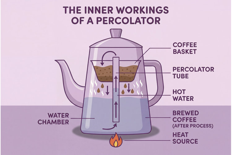 illustrated diagram showing the internal componennts and how a percolator works