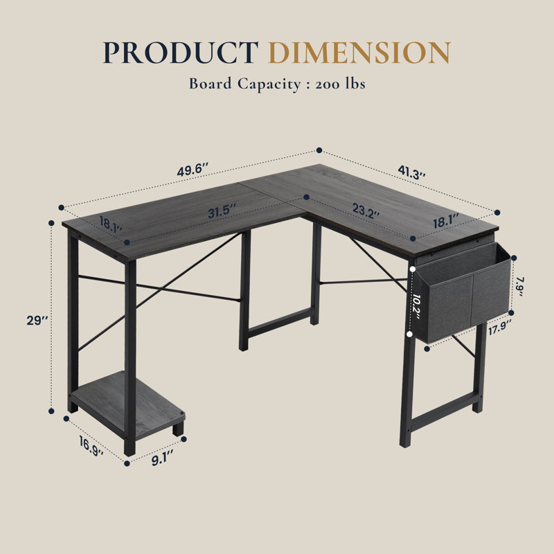 Hussan L-Shaped Metal Base Computer Desk, Gray Stand