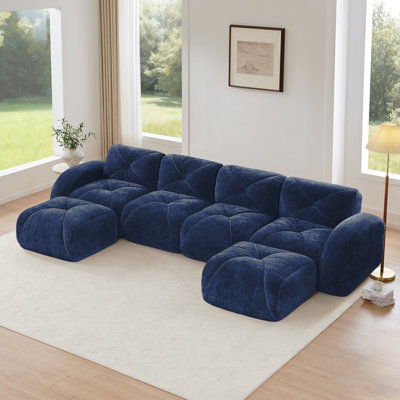 Canapé en forme de U sans os, conception capitonnée, fond en éponge haute densité 32D, conception antidérapante, aucun assemblage requis, combinaison libre, repose-pieds mobiles pour le salon, cinéma maison, bleu