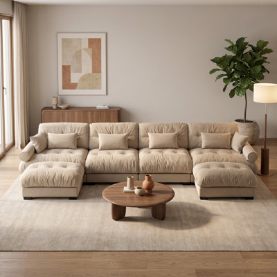 Canapé d'angle modulaire en forme de U 4 places Camel avec 2 poufs amovibles et coussins profonds