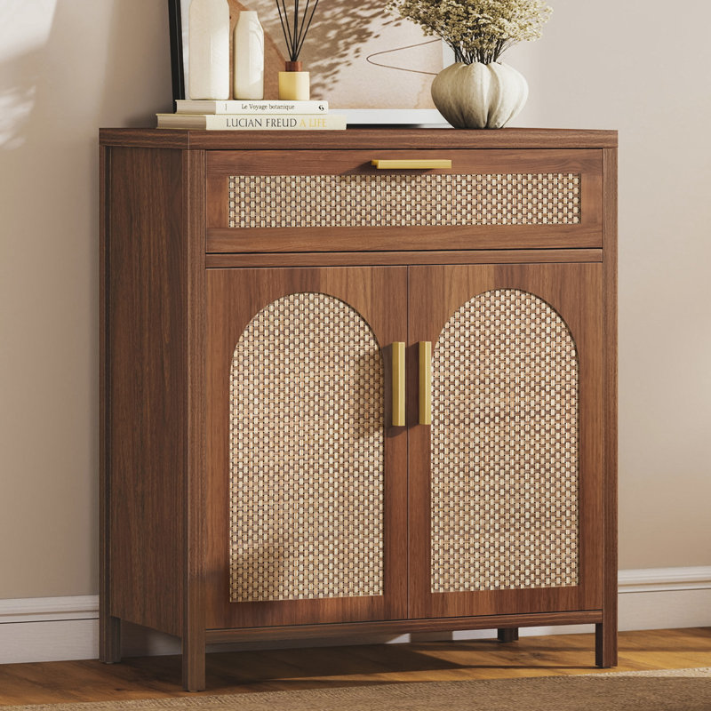 Sideboard Buffet Cabinet With Rattan Doors, Kitchen Storage Cabinet With Drawers And Adjustable Shelves For Dining Living Room, Walnut
