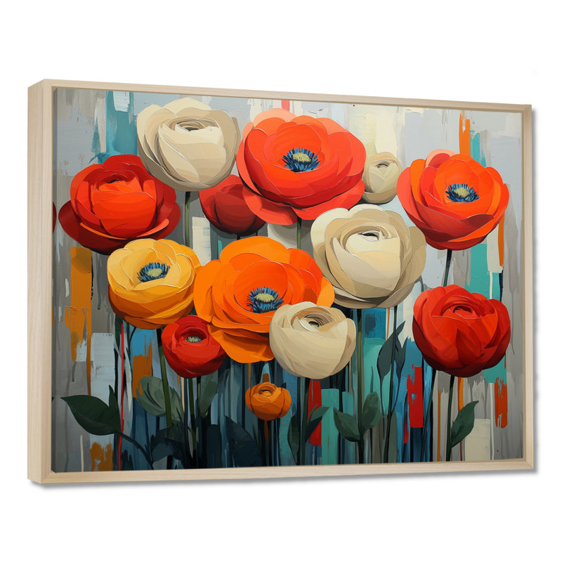 «Vibrant Garden of Ranunculus Flowers II», art mural Renoncule, H 30 po x l 40 po, Impression encadrée flottante