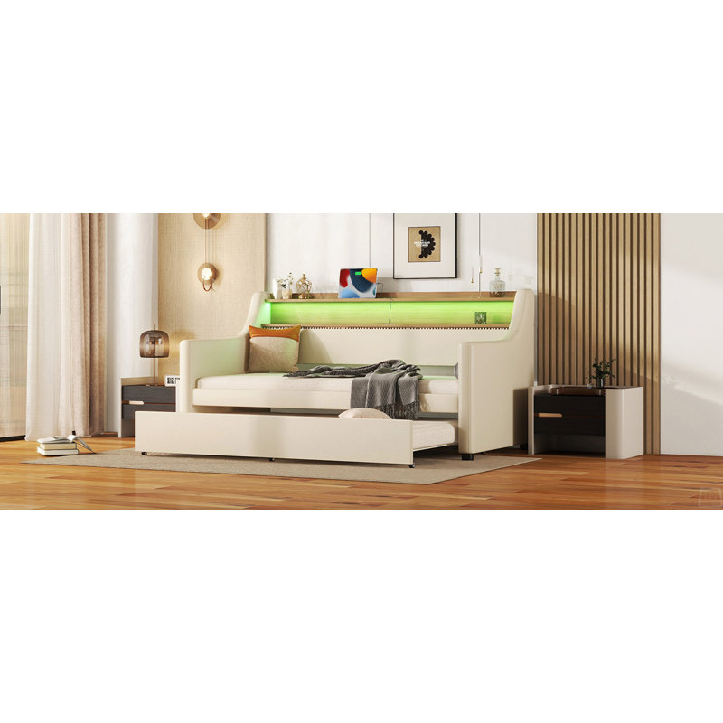 Twin Size Daybed With Trundle, Upholstered Daybed With Charging Station And LED Lights, White