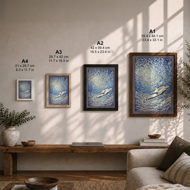 Shark In Motion Coastal - Print, A4 - 29.7 x 21.0 cm, Oak