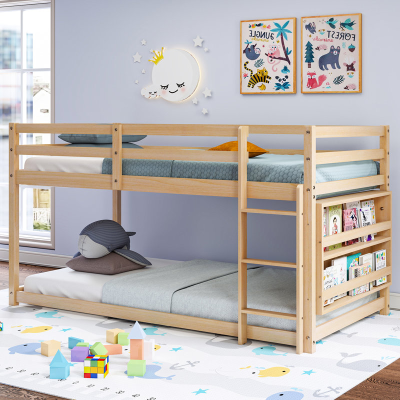 Low Bunk Bed Twin Over Twin, Floor Bunk Bed With Bookshelf&ladder, Natural