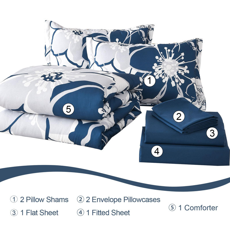Ensemble d'édredon floral 7 pièces, literie en microfibre douce avec draps pour toutes les saisons, Marine