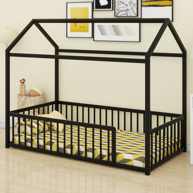 House Shaped Montessori Metal  Floor Bed Frame With Fence, Twin, Black