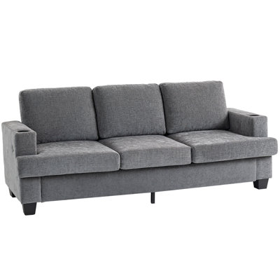 3 Seater Sofa, Upholstered Couch with USB Ports & Cup Holders, 