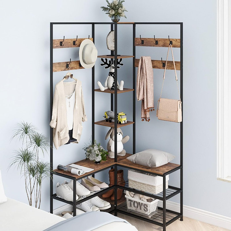 Corner Hall Tree With Shoe Rack Storage Bench Display Ope...
