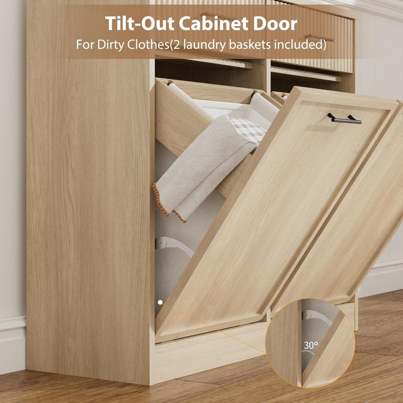 Double Tilt Out Laundry Hamper Cabinet with 2 Drawers & Laundry Baskets, 20 gal Fluted Trash Can Cabinet, Modern Wooden Hidden Garbage Can Cabinets for Bathroom