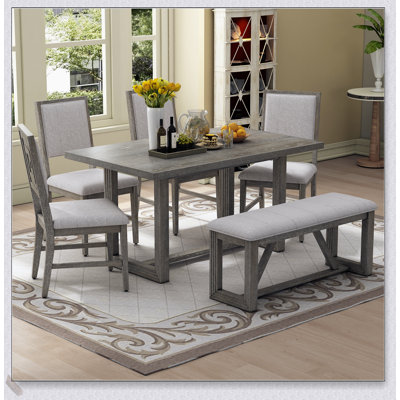 6-Piece Retro Dining Table Set for 6, 60-Inch Wood Table with 4 Chairs and Bench, Trestle Base for Kitchen & Dining Room