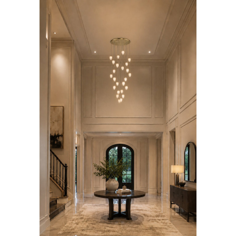 24-Light Gold Chandelier With White Glass Pendants, Gold