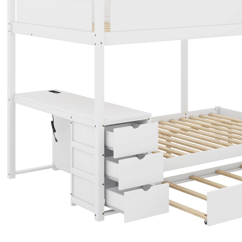 Lit superposé avec lit gigogne et bureau, Lit superposé double sur double, Blanc