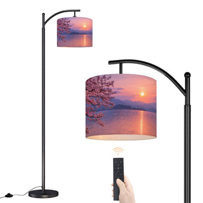  Arc Floor Lamp Cherry Blossom Branch Pink Sunset Lake Full Moon Reflection Distant Tall Modern Standing Lamp LED Adjustable Linen Lampshade 3 Color Temperatures