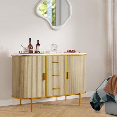 50" Mid Century Fluted Buffet Cabinet, Modern Coffee Bar Console Table with Faux Marble Top & Curved Sliding Doors, Storage Accent Cabinet for Kitchen