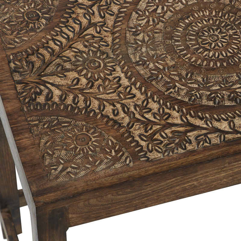 Fulcher Solid Mango Wood 2-Piece Nesting Table Set with Carved Tabletops, Brown, Brown