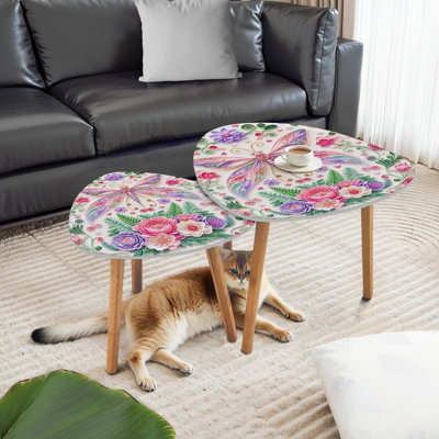 Triangle Nesting Coffee Table Set of 2 Colorful Quilling Butterfly Floral Arrangement Pastel Tones End Table Modern Minimalist Side Table Set for Living Room Bedroom