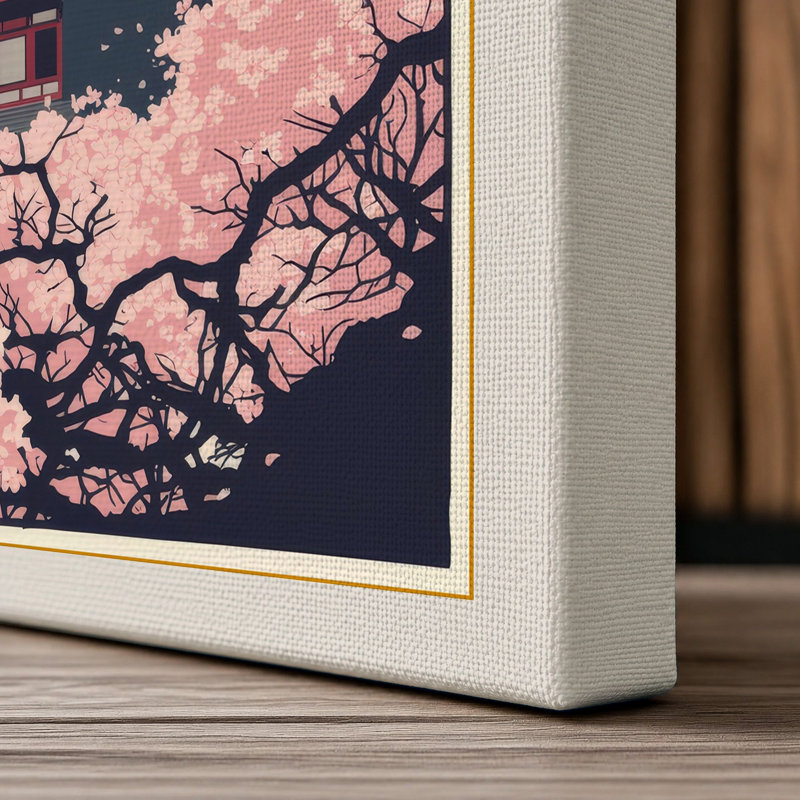 Pagoda Under Blossom Japandi - Wrapped Canvas, 36x24 - 91.4 x 61.0 cm, Cream Border