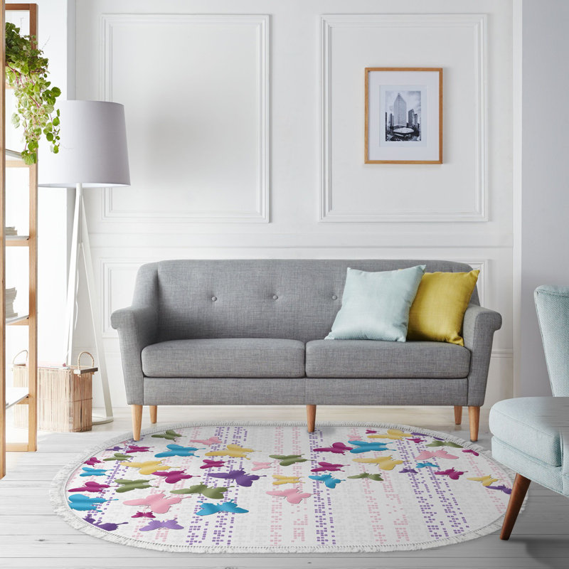 Tapis bleu / rose / jaune en polyester tissé à plat Cyprien, Ovale 5 pi 3 po x 7 pi 7 po