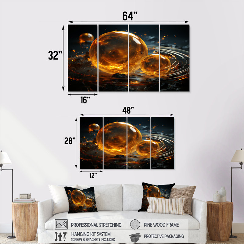Décoration murale 4 pièces jaune et noir avec ceinture d'astéroïdes - planètes, H 28 po x l 48 po