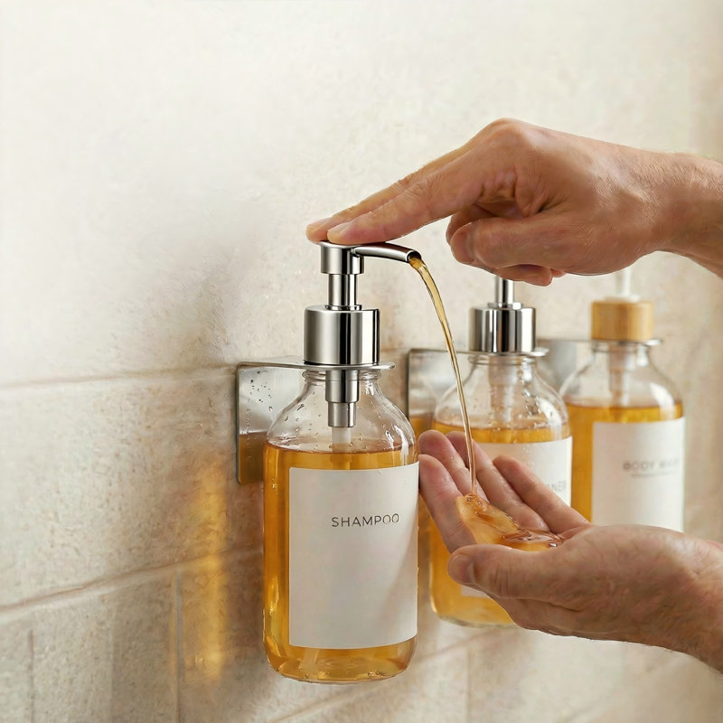 Ensemble de 3 distributeurs de shampooing et revitalisant muraux (ensemble en bambou transparent)
