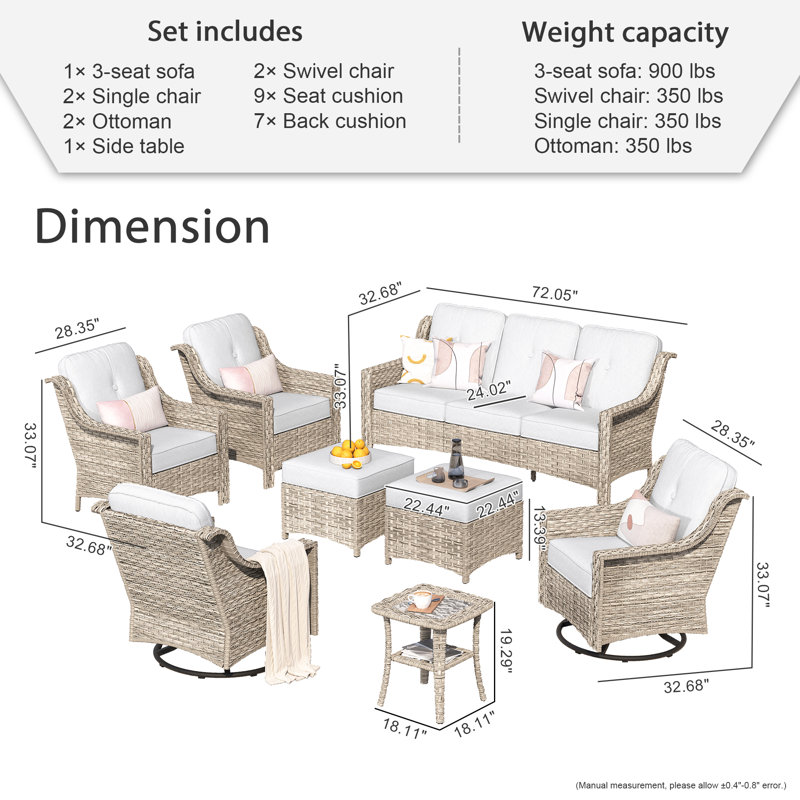 7 - Person Wicker Outdoor Conversation Set, Patio Sofa & Swivel Chair Set with Cushions, Light Gray