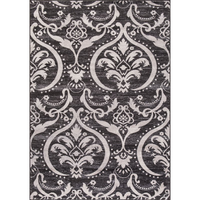 Oriental Machine Woven Damask Area Rug in Anthracite