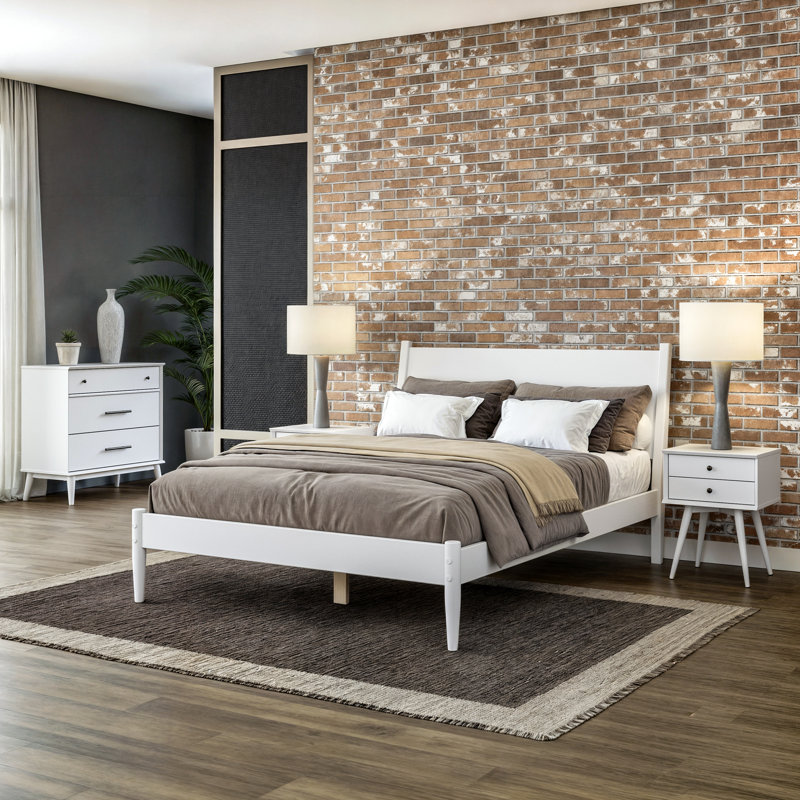 Lit plateforme en bois massif Ashlie, Blanc, Grand