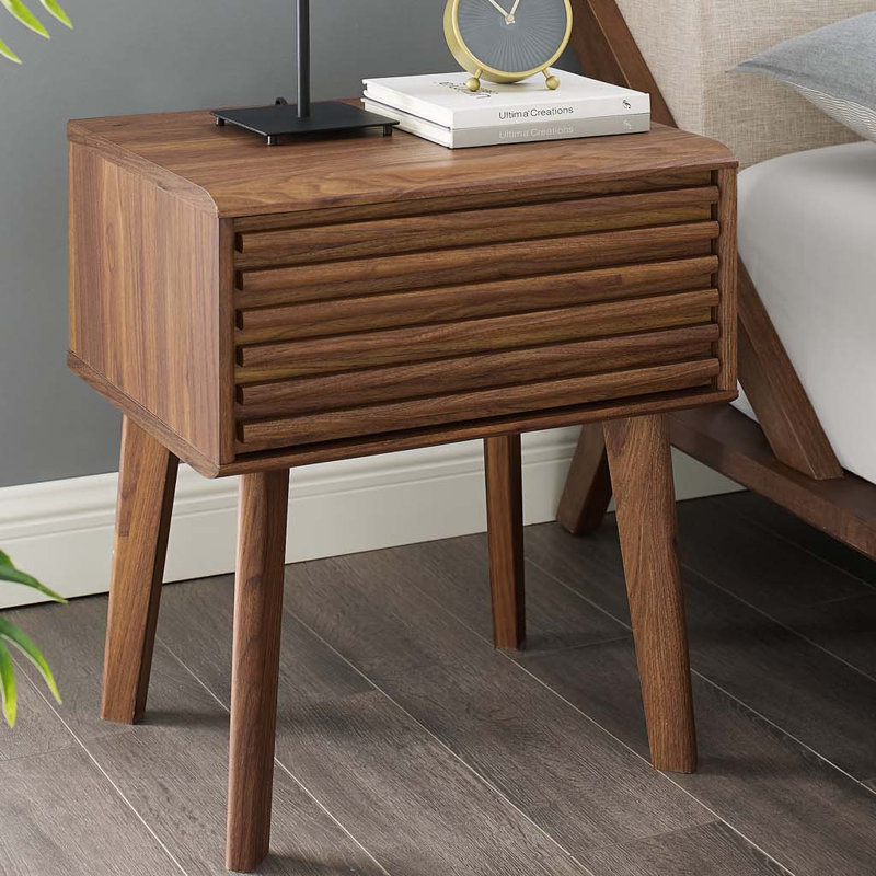 Walnut Grain Laminate Mid-Century Modern End Table Nightstand