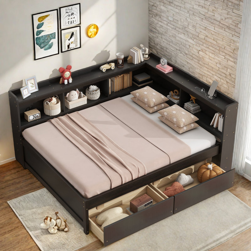 L-shaped Daybed With Bookcases, Charging Station And Two Drawers, Full, Espresso
