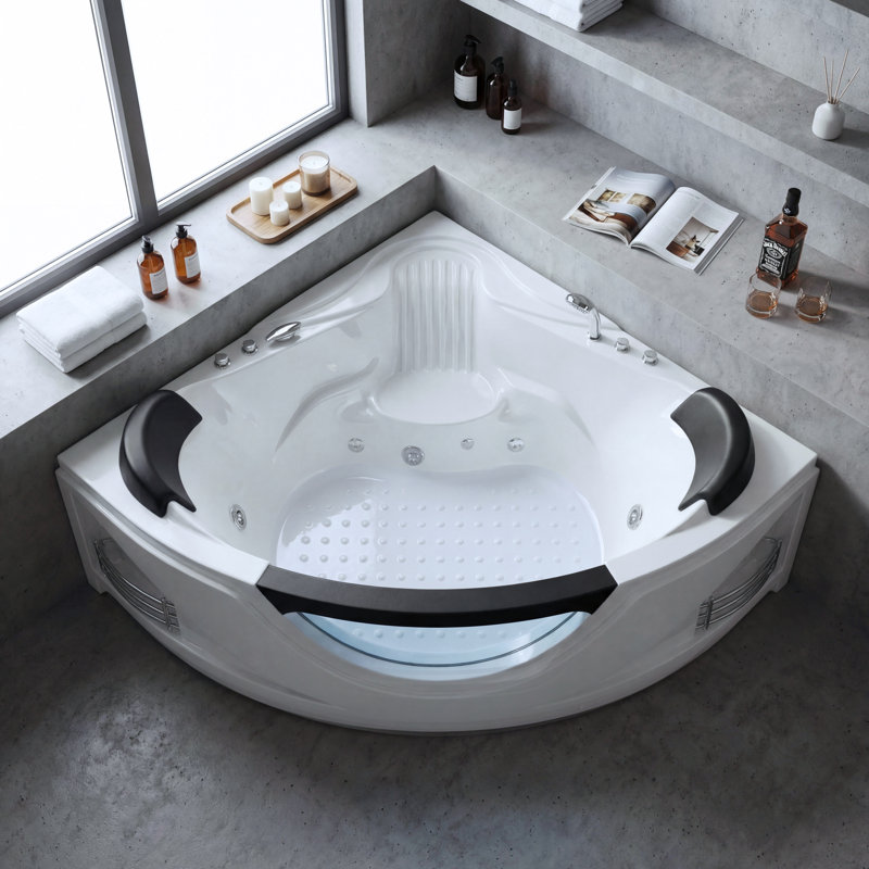 59" Corner Whirlpool Bathtub for 2 Person – Luxury Jetted Spa Tub with 6 Hydrotherapy Massage Jets, Chromotherapy LED Lights, Pneumatic Controls & Hand Shower, UL & UPC Certified, White