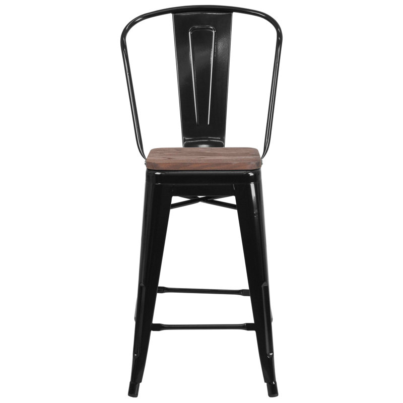 Tabouret de bar ou de comptoir en métal Marian avec dossier et siège en bois Marian, Noir, 1