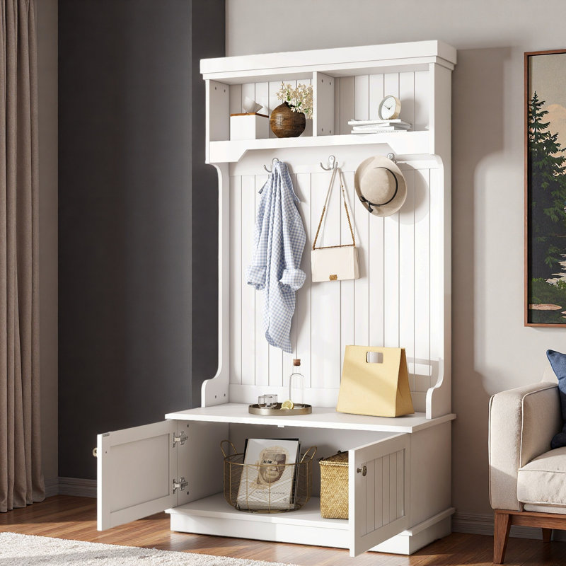 4-In-1 Hall Tree With Shoe Storage,Standing Coat Rack With Shoe Bench,Entryway Furniture With Hooks, White