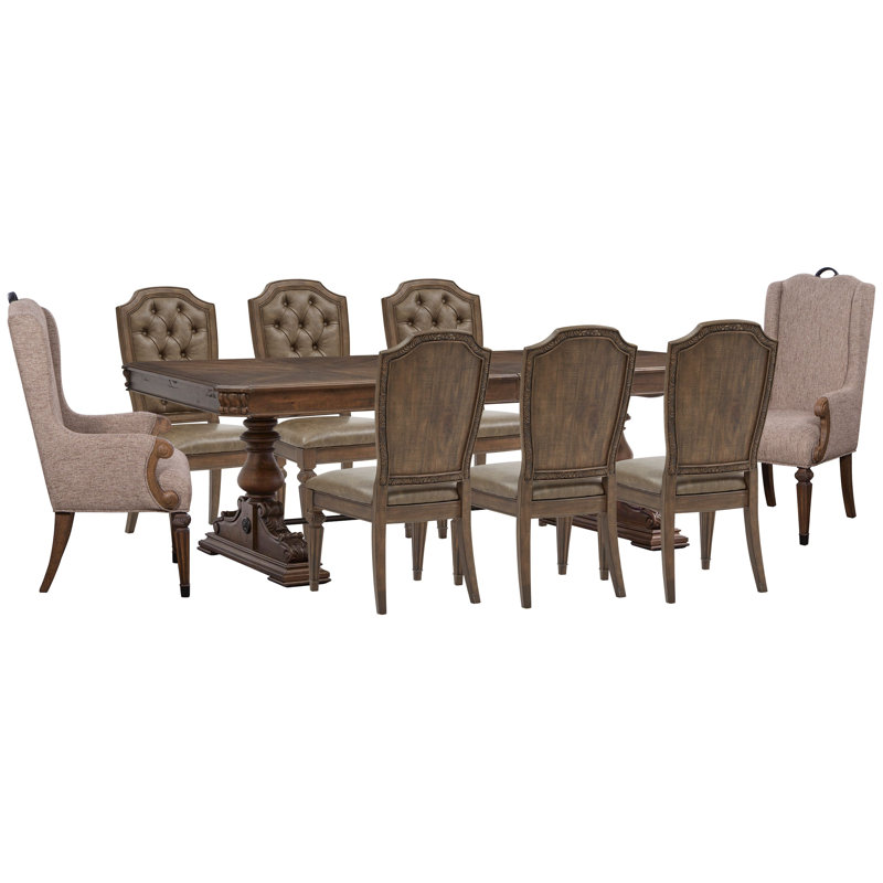 Extendable Trestle Dining Table With 6 Upholstered Side Chairs And 2 Host Chairs, 9 Pieces: Table, 8 Chairs