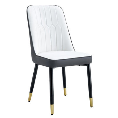 A Modern Dining Chair With A White Dark Gray Dual Tone PU Leather Backrest And Black Metal Legs