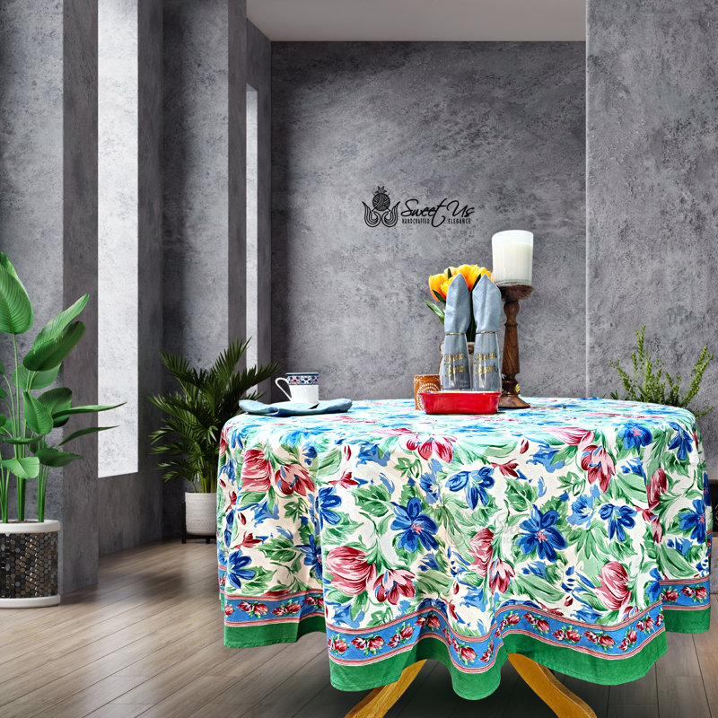 Floral Brush Stroke Print Cotton Round Tablecloth