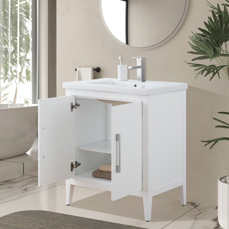 Meuble-lavabo simple 30 po avec comptoir en céramique Chambery, Blanc, Nickel brossé, H 34 po x l 30 po x P 18,5 po