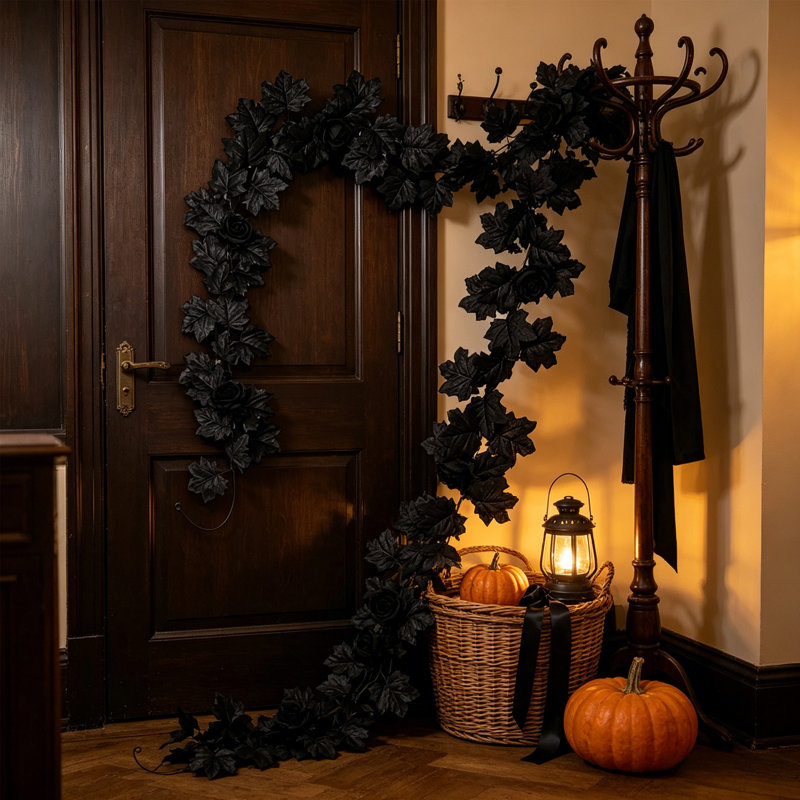 Décoration d'Halloween sur le thème sombre, feuille d'érable artificielle, tenture murale pour l'Action de grâce, feuille d'érable artificielle avec osier noir