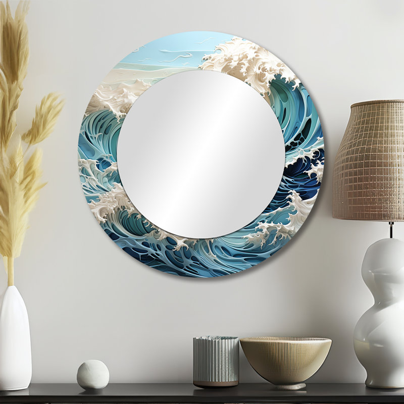 Blue Kinetic Waves I - Kinetic Art Large Wall Mirror, Teal Round Unique Mirror, Printed Metal Art, 23" x 23"